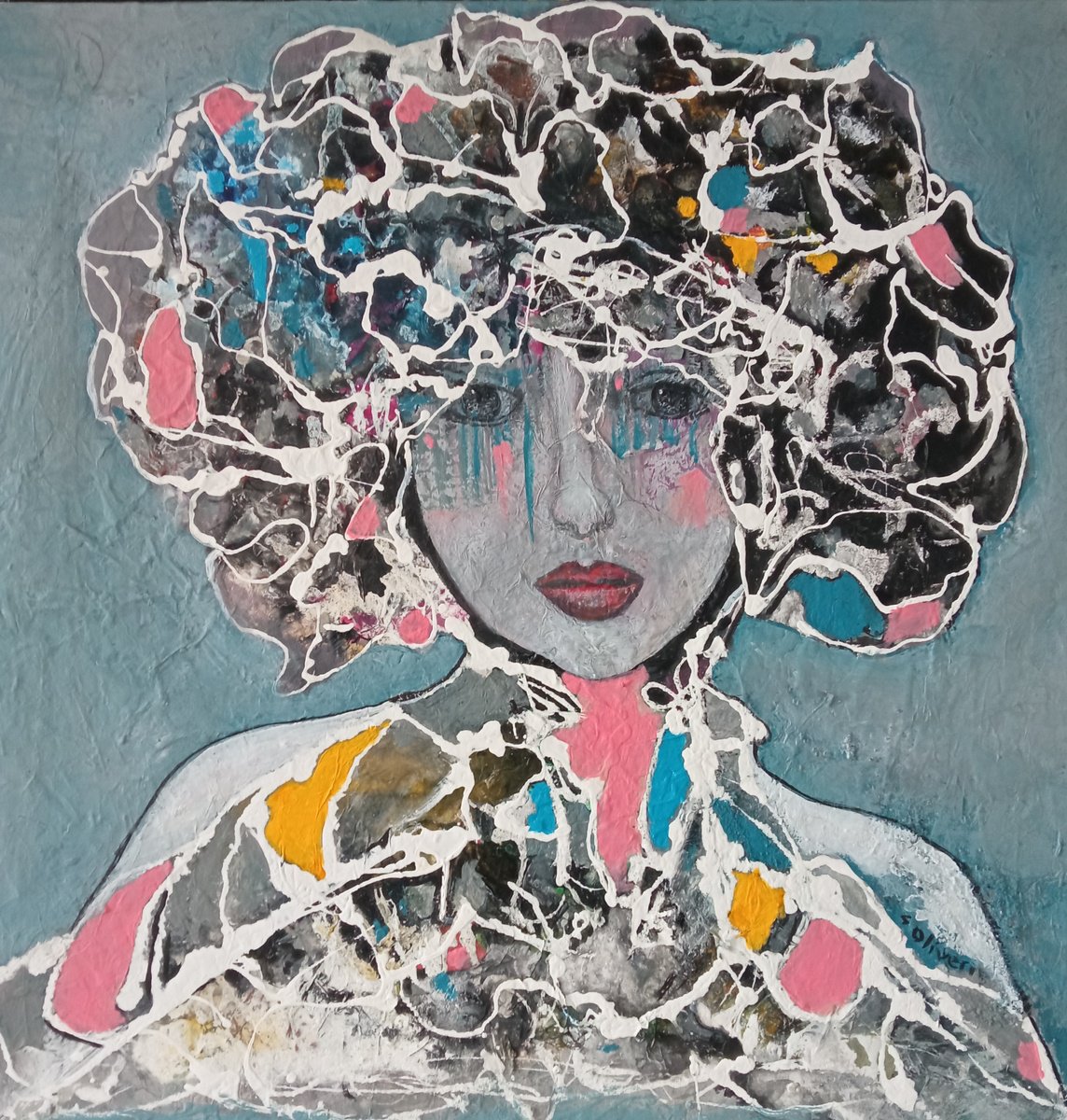 Expressive Portrait Acrylic Painting By Sylvie Oliveri, 28 X 28", Portrait Of Woman. Lena, Original Artwork