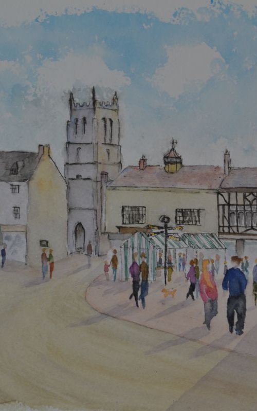 Market Day in Stamford - Original Pen & Wash by JANE  DENTON