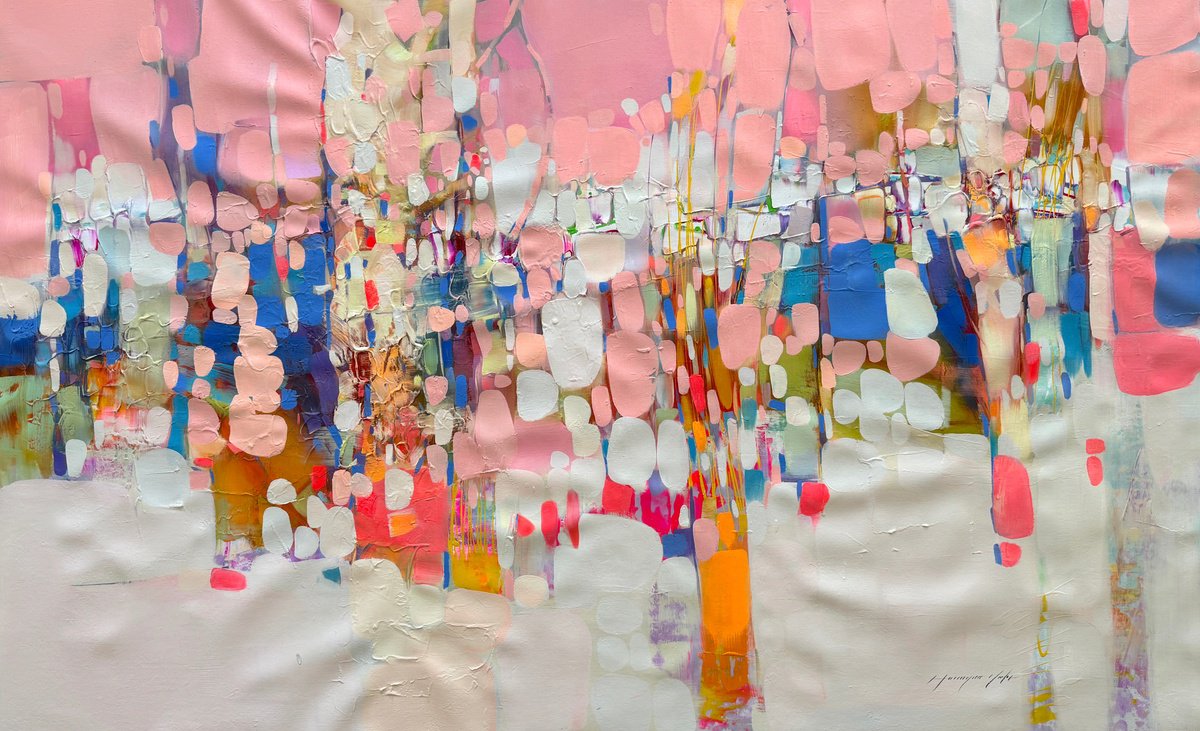 Abstract Landscape Oil Painting By Vahe Yeremyan, 56 X 34", Cotton Candy Forest, Original Artwork