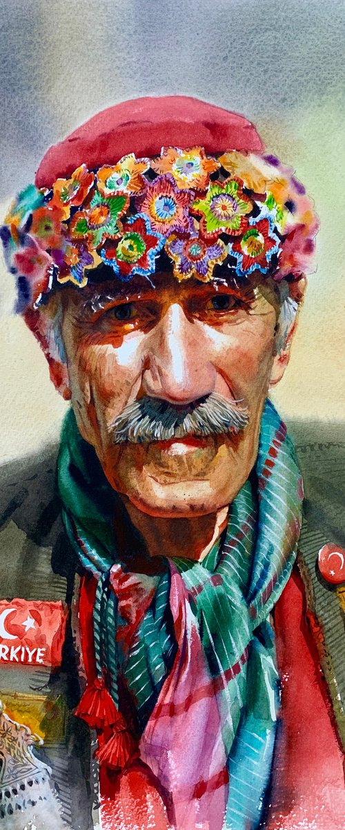 Watercolor emotional portrait of a turkish man by Samira Yanushkova