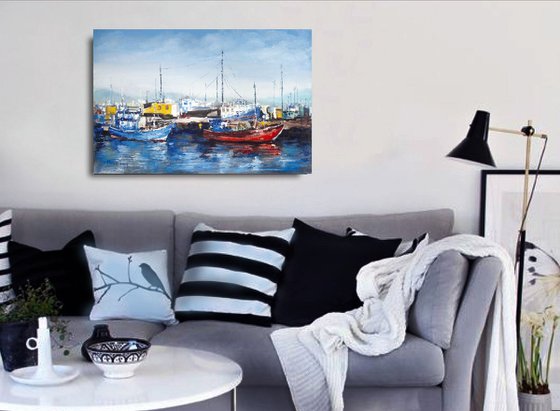 "Ships in the harbor", seascape , yachts