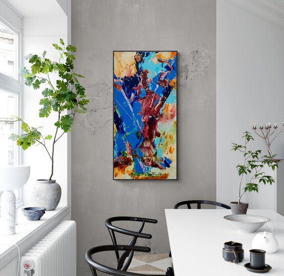 Abstract painting - "Chinese dragon" - Abstraction - Geometric - Space abstract - Big painting - Bright abstract - Blue&Yellow - Red&Orange