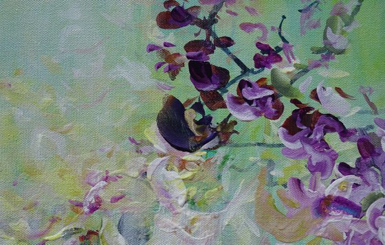 Original Abstract Floral Botanical Painting Textured Art Green Violet Purple Flowers II. Textured Modern Impressionistic Art. 2021