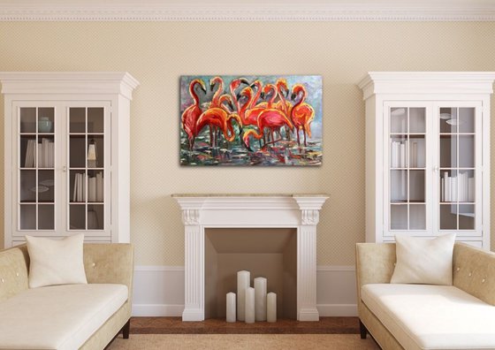 ORANGE FLAMINGOS. PAlLETTE KNIFE painting .