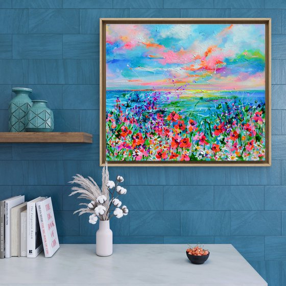 Wild Flowers and Poppies on the Seaside Cliff