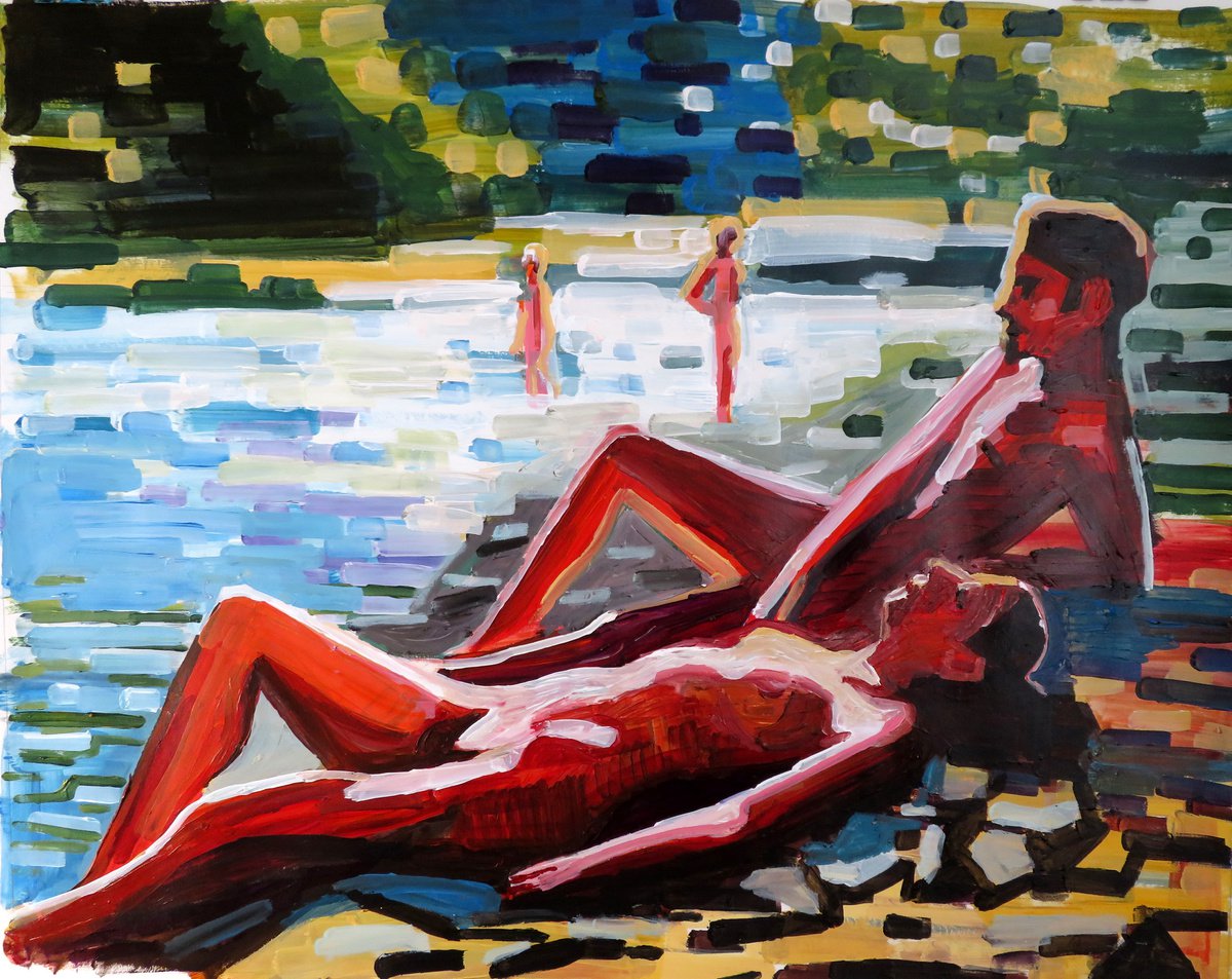 Impressionistic Landscape Acrylic Painting By Stephen Abela, 28 X 22", Lake Scene With Bathers 2, Original Artwork