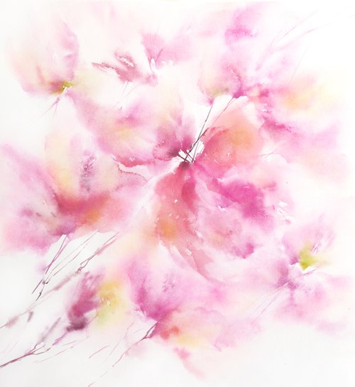 Soft pink flowers. Watercolor loose floral bouquet by Olga Grigo