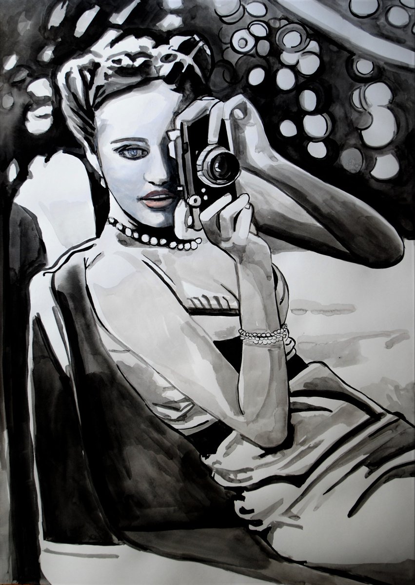 Urban And Pop Ink Drawing , Lady With Camera By Alexandra Djokic, 20 X 28, Artwork For Sale On Artfinder