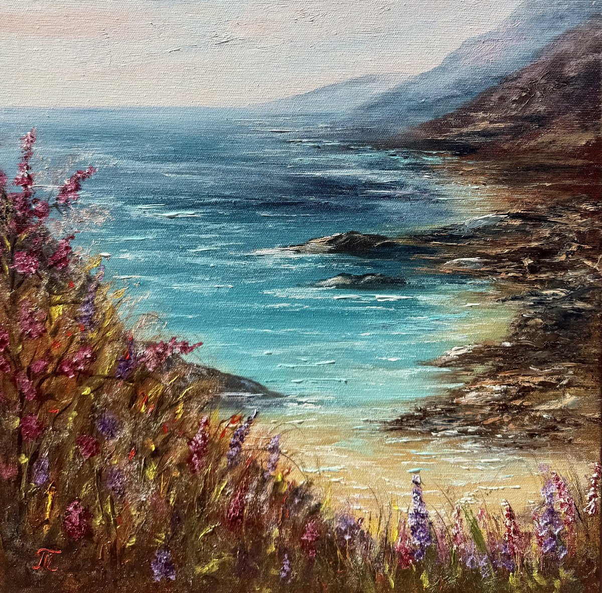 Impressionistic Landscape Oil Painting By Tanja Frost, 16 X 16", Silence By The Sea, Original Artwork