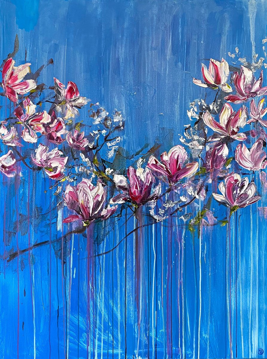 Impressionistic Botanical Oil Painting By Mily Art, 35 X 47", Magnolia Oil Painting, Original Artwork
