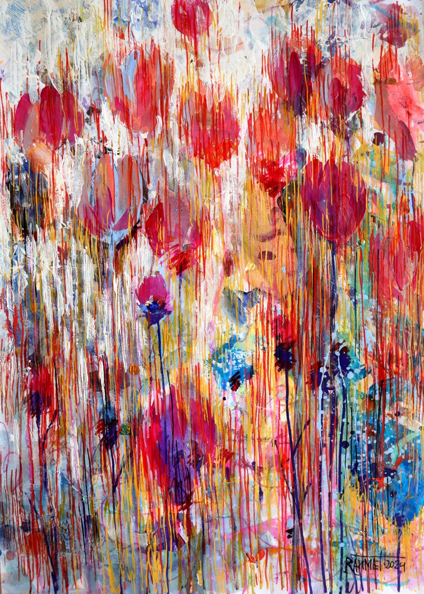 Impressionistic Botanical Acrylic Painting By Rakhmet Redzhepov, 17 X 23", Fantasy With Flowers 198, Original Artwork