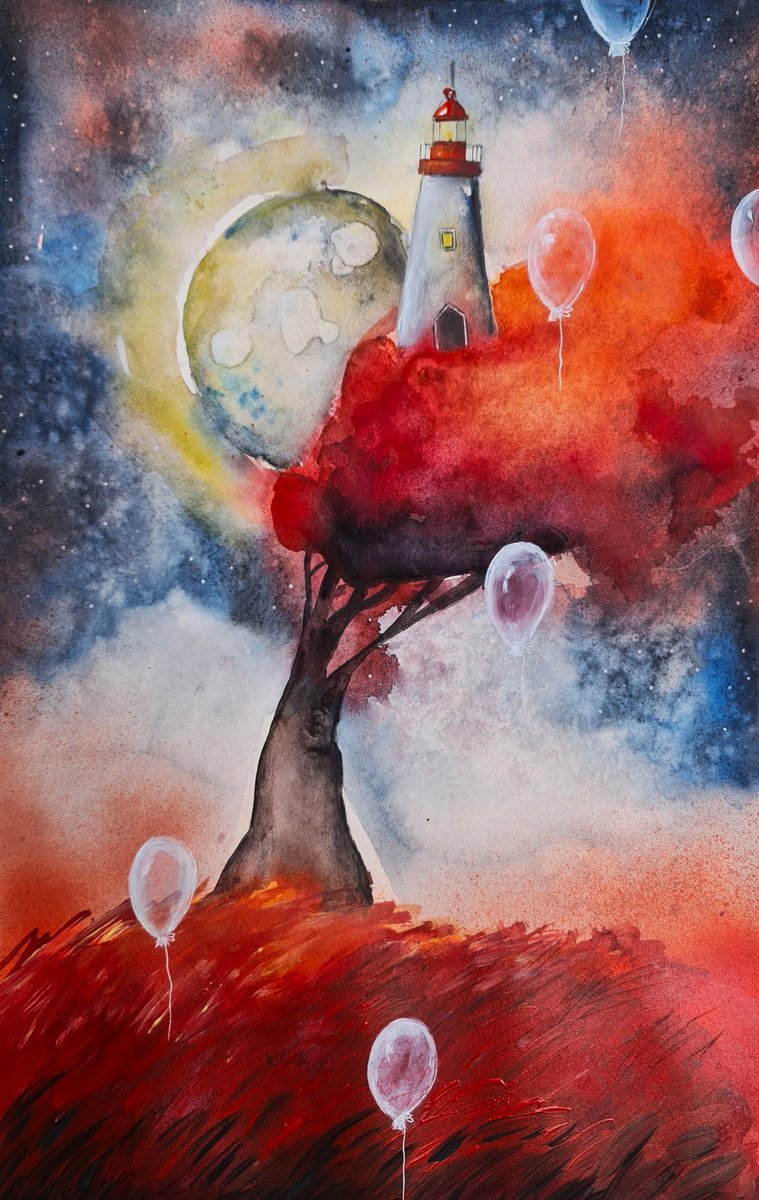 Surrealistic Landscape Painting By Evgenia Smirnova, 14 X 22, Baloons Breath, Original Artwork