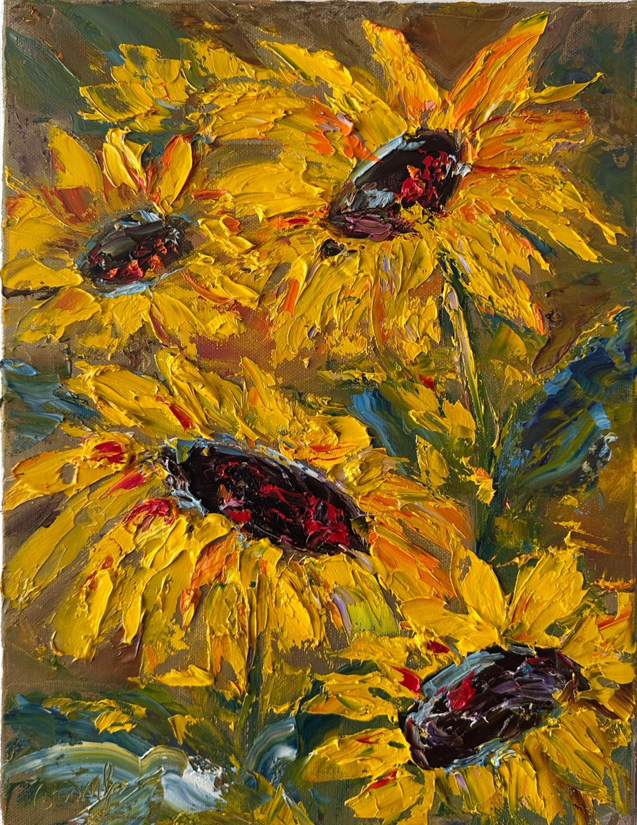 Impressionistic Botanical Oil Painting By Oksana Fedorova, 12 X 16", Sunflowers Dark, Original Artwork