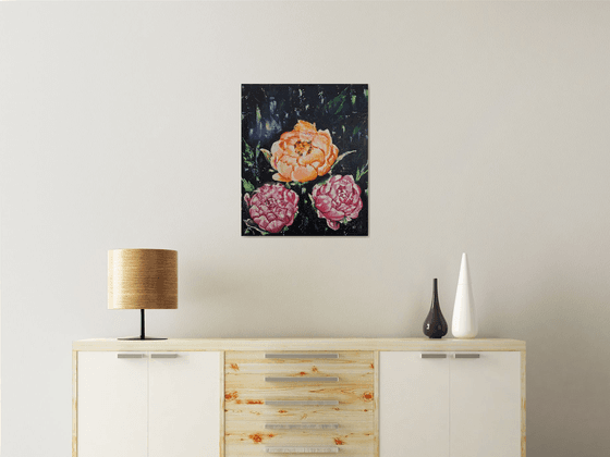 Midnight bloom, floral peonies painting