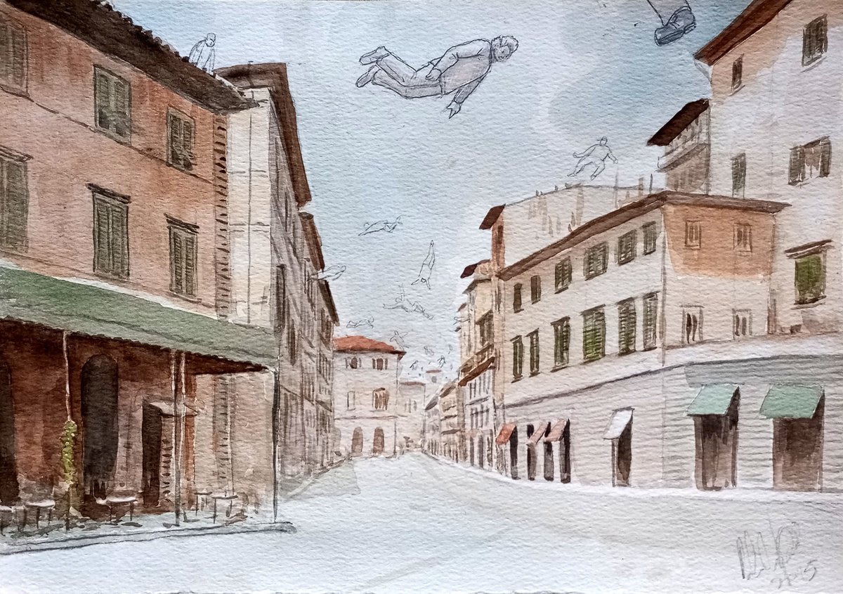 Surrealistic Cityscapes Drawing By Paolo Beneforti, 12 X 8", Over The Street, Original Artwork