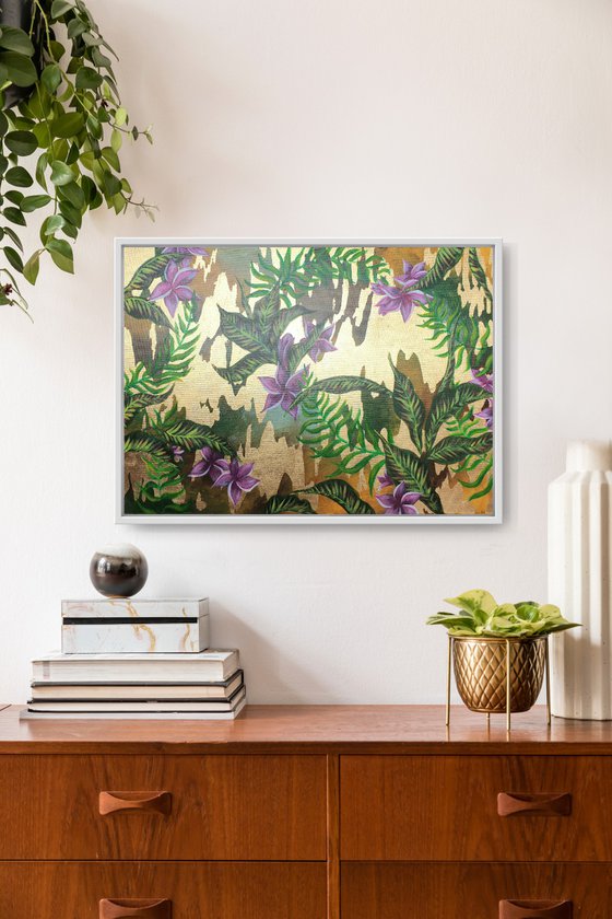 Tropical Forest Abstract Landscape wit Gold Leaf Large Original Artwork