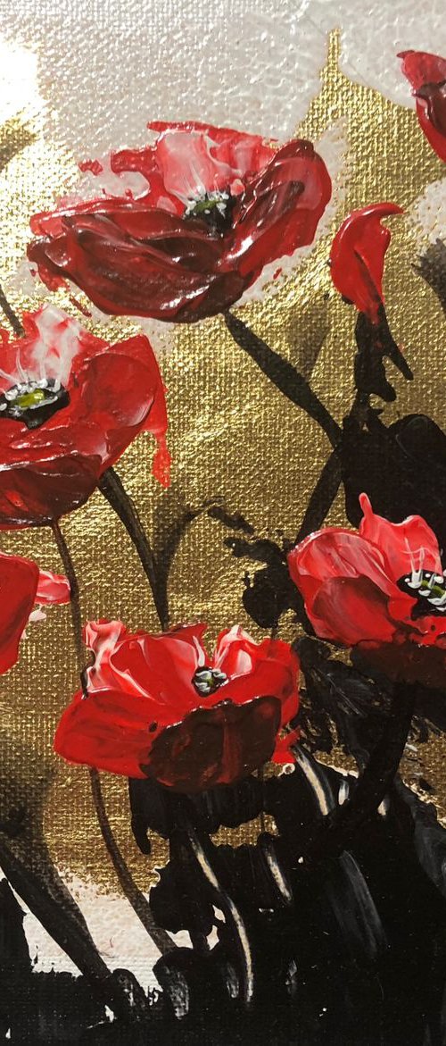 Poppies on gold leaf by Marja Brown