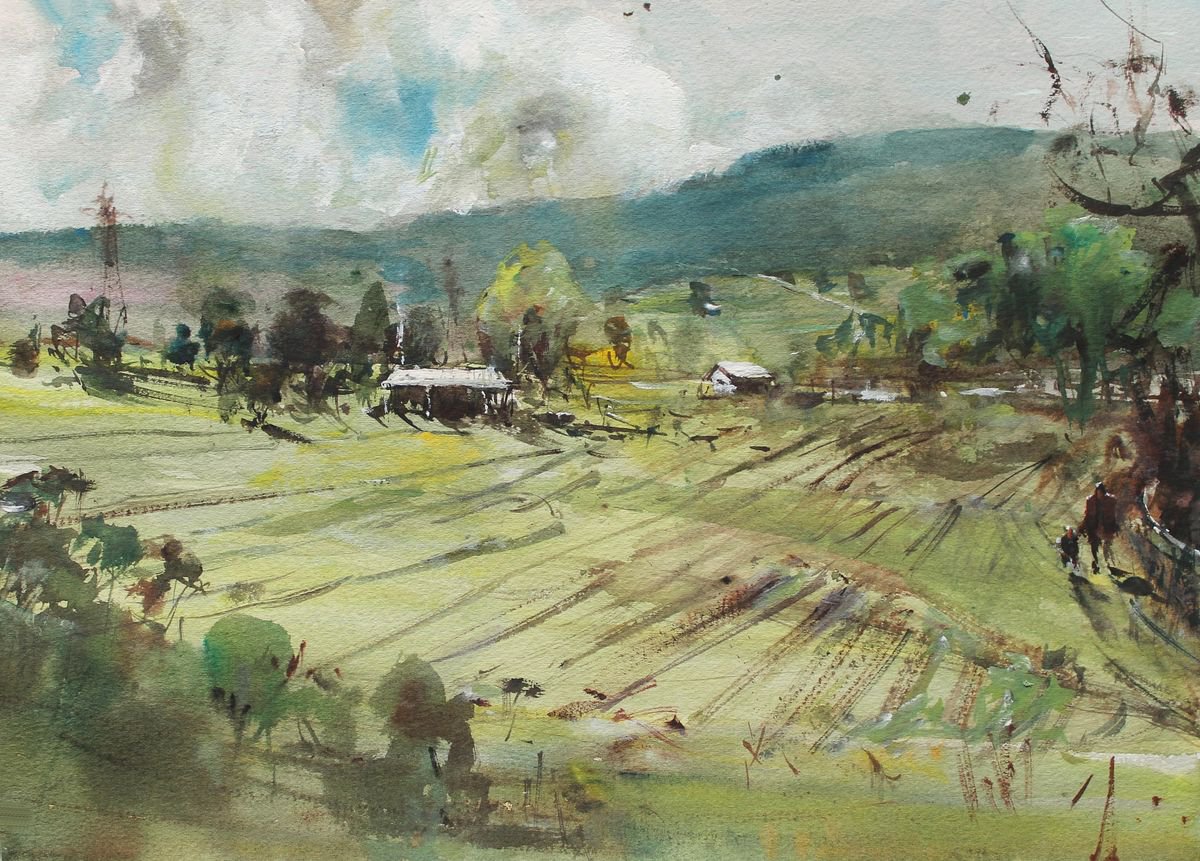 Impressionistic Landscape Watercolour By Maximo Damico, 15 X 11", Moravia Countrysides Iv, Original Artwork