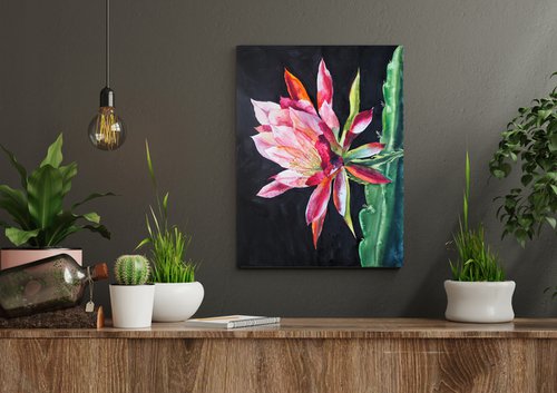 Cacti flower on black background by Delnara El
