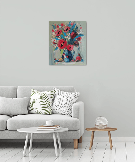 Field flowers(70x60cm, oil painting,  ready to hang)