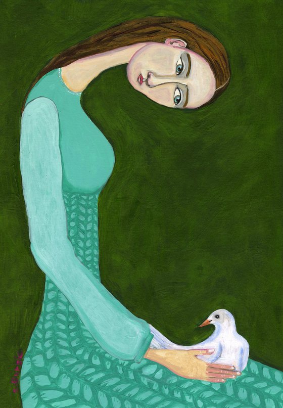 Woman with White Dove Bird Lady