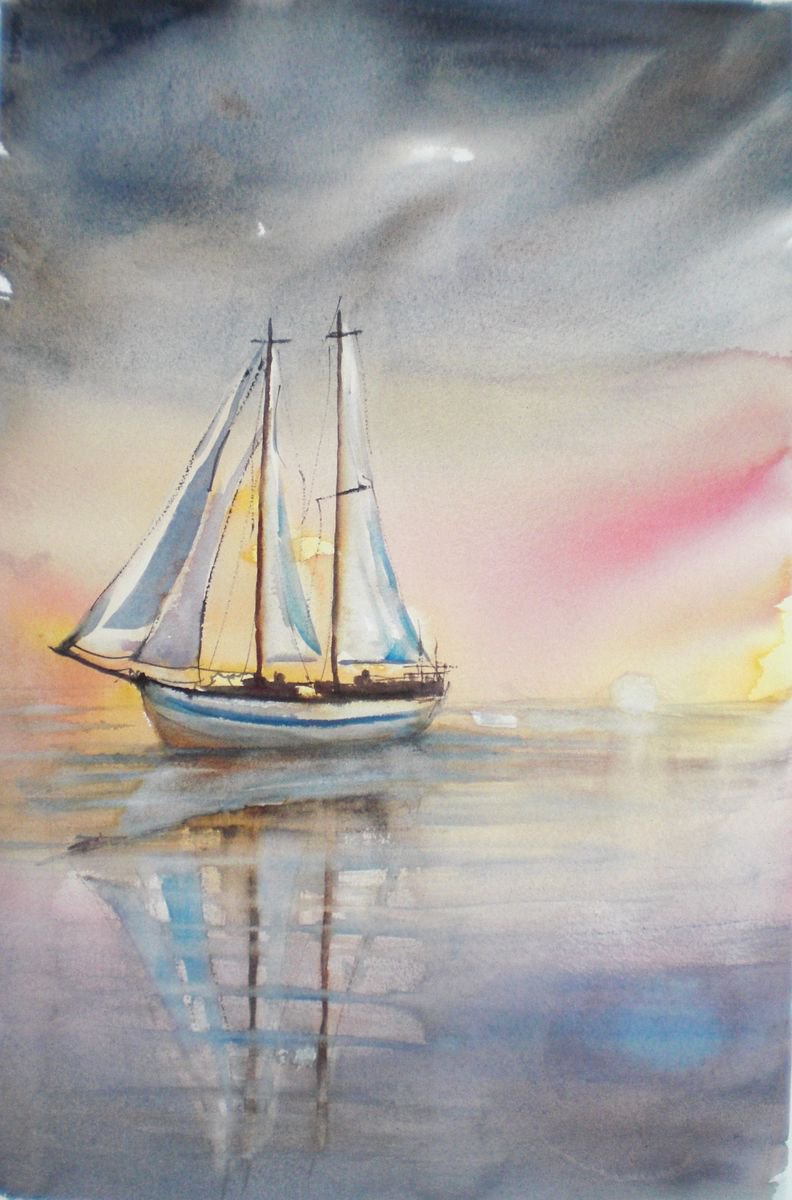 Expressive Landscape Watercolour By Giorgio Gosti, 14 X 20, Boat, Original Artwork