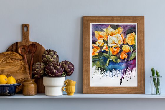 Yellow bougainvillea - expressive original watercolor flower, falling paint