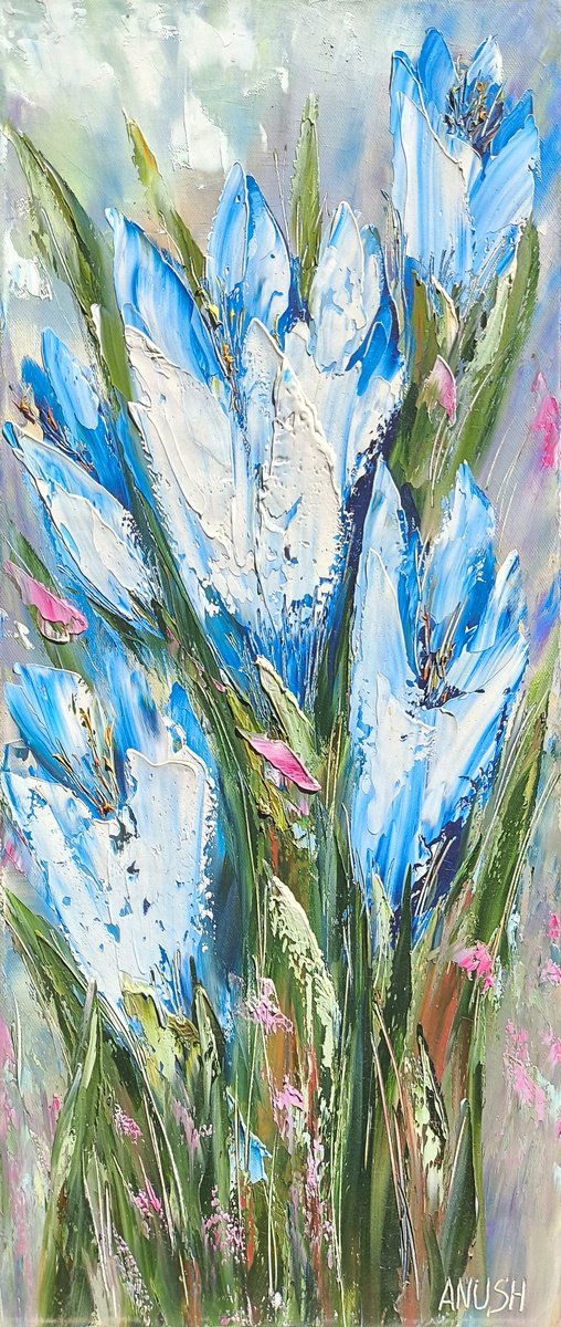 Impressionistic Botanical Oil Painting By Anush Emiryan, 12 X 28, Blue Snowdrops, Original Artwork