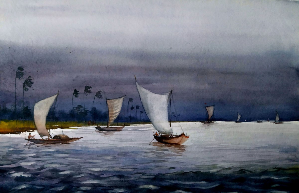 Impressionistic Landscape Watercolour By Samiran Sarkar, 22 X 15", Before Storm, Original Artwork