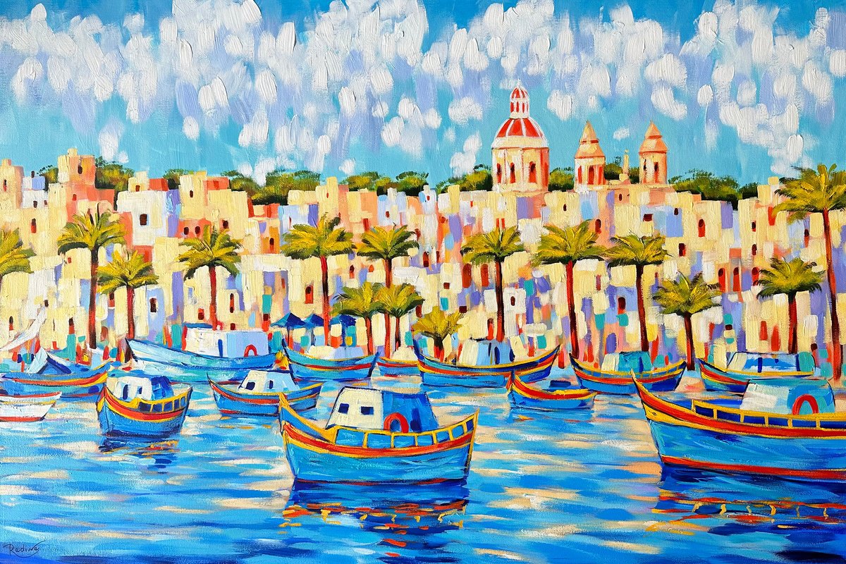 Impressionistic Landscape Acrylic Painting By Irina Redine, 35 X 24, Malta, Original Artwork