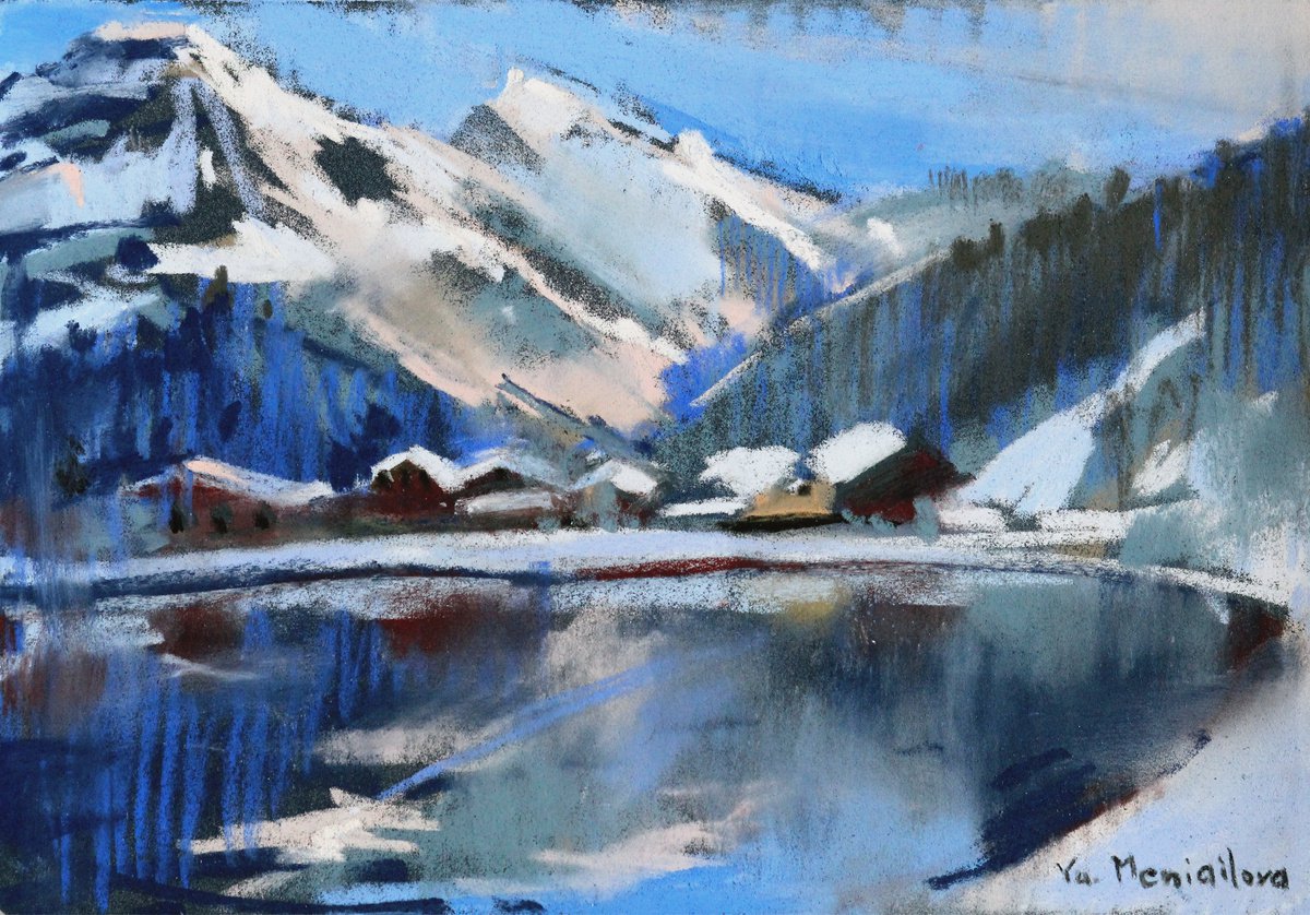 Mountains pastel original painting 13x18. Christmas gift by Yuliia Meniailova