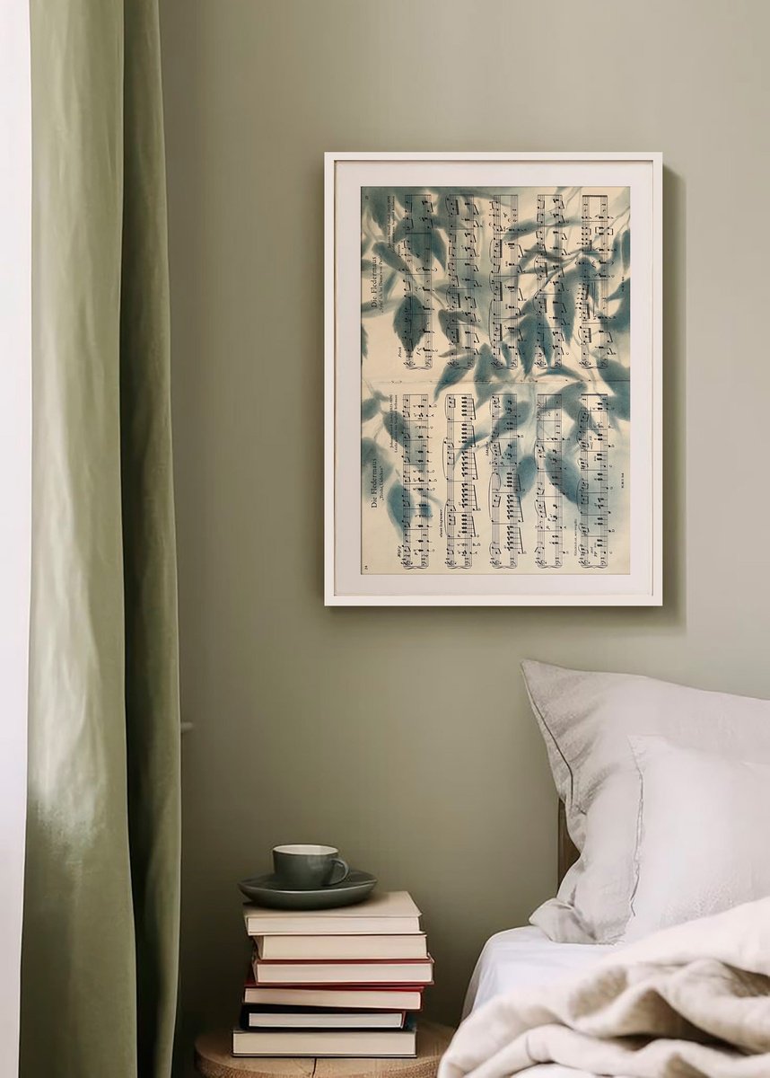 Photorealistic Botanical Pastel Drawing By Julia Shilo, 17 X 21", Shadows On Sheet Music - Soft Blue Leaves, Original Artwork