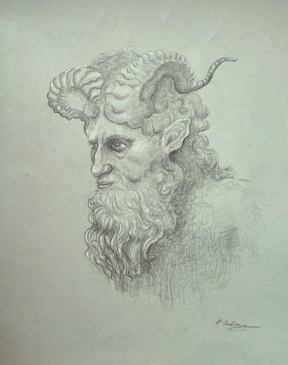 Graphic Portrait Pencil Drawing By Kira K. Sadian, 20 X 24", Fauno N1, Original Artwork