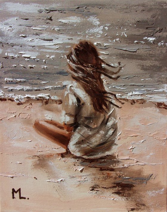 " JUST ME AND SILENCE ... " original painting SEA SUMMER palette knife GIFT