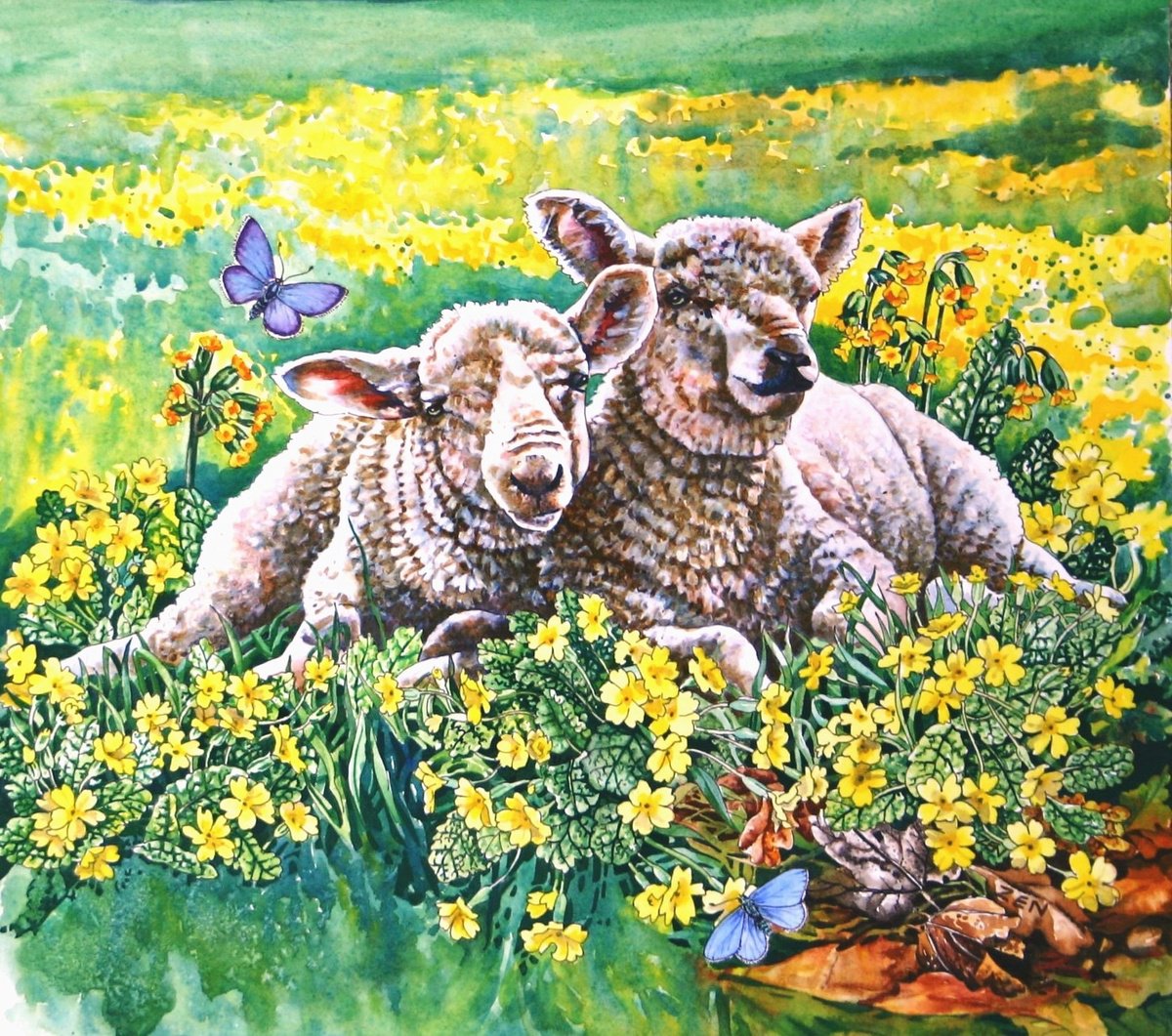 Impressionistic Animal Watercolour By Zoe Elizabeth Norman, 11 X 10", Spring Lambs, Original Artwork