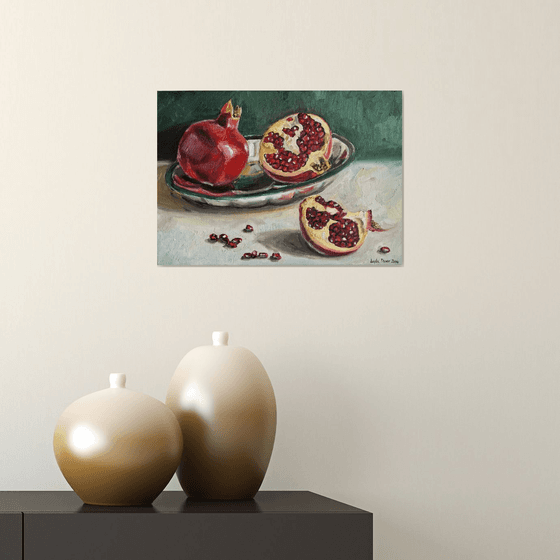 Pomegranates on metal tray