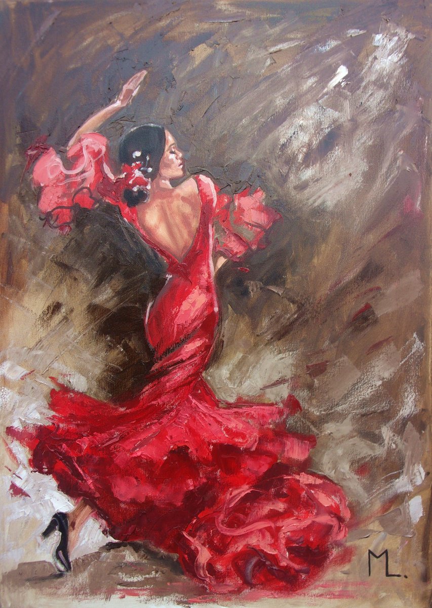 Expressive Portrait Oil Painting By Monika Luniak, 20 X 28", " Red Rose Dancing Flamenco ", Original Artwork