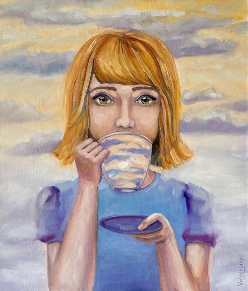 "The sun in a cup". Portret. girl original oil painting. Surrealistic by Mary Voloshyna