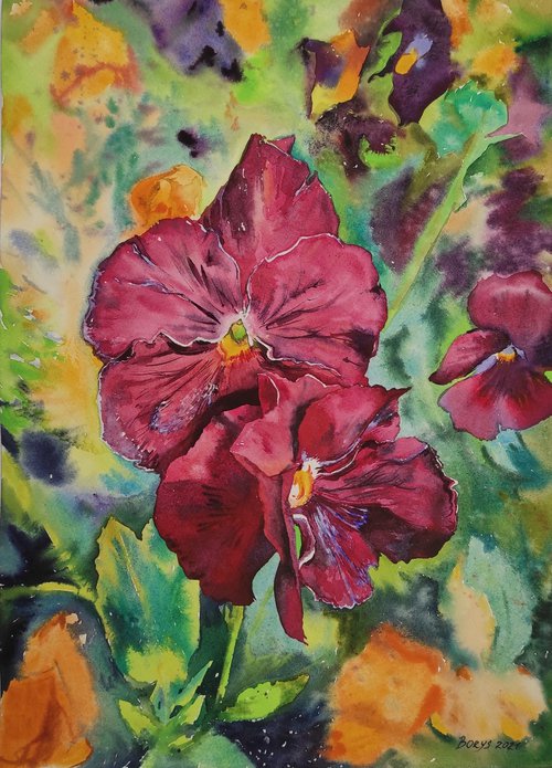 Violets - original watercolor, painting, artwork by Tetiana Borys