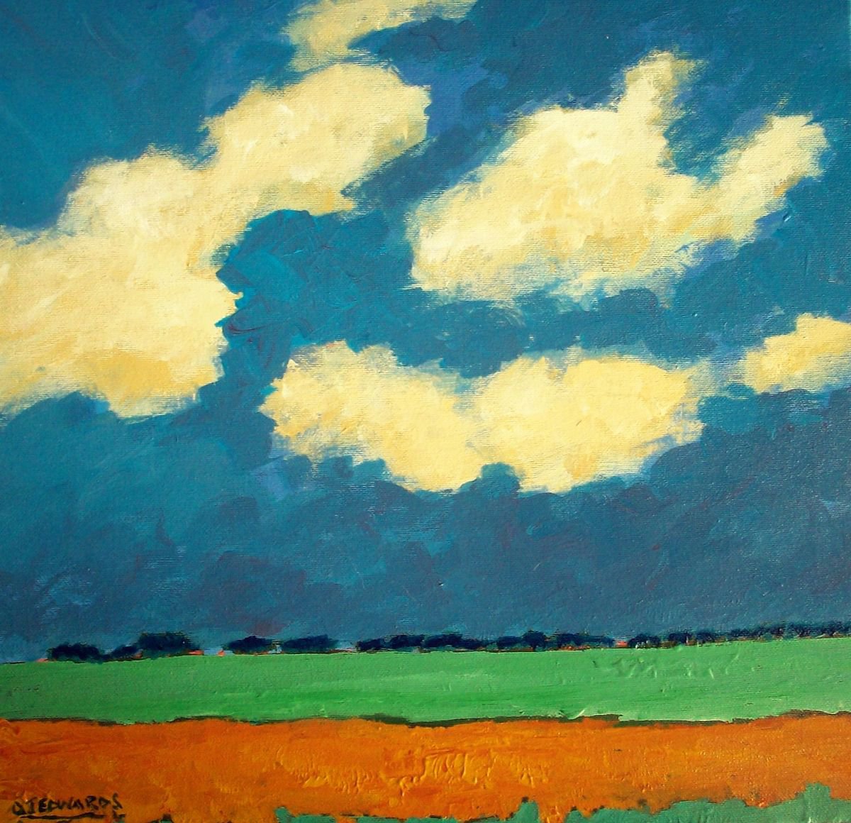 Impressionistic Landscape Acrylic Painting By David J Edwards, 16 X 16, A Few Clouds, Original Artwork