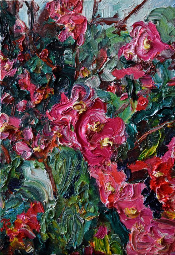 Abstract flowers impasto oil painting Spring blooming, palette knife floral home decor