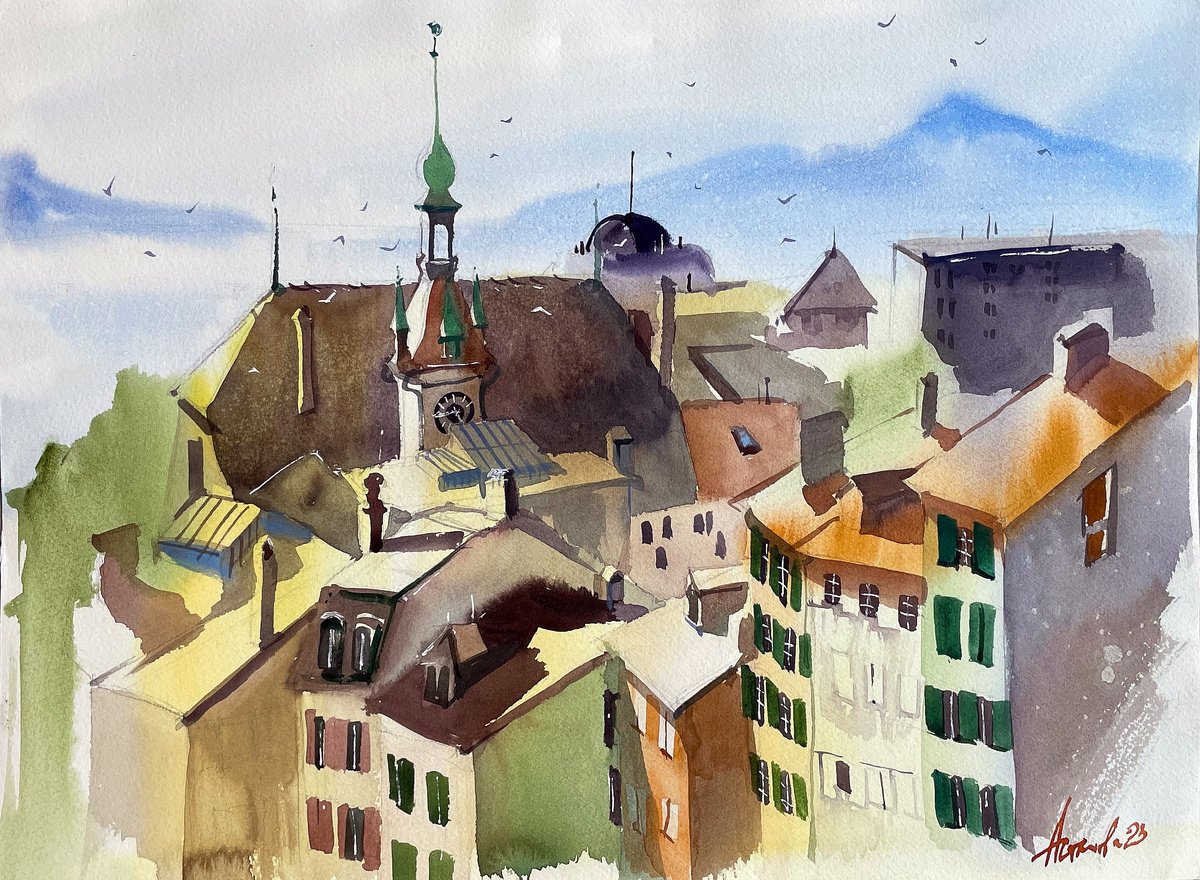 Impressionistic Cityscapes Watercolour By Ksenia Astakhova, 16 X 12", Esplanade De La Cathedrale, Original Artwork