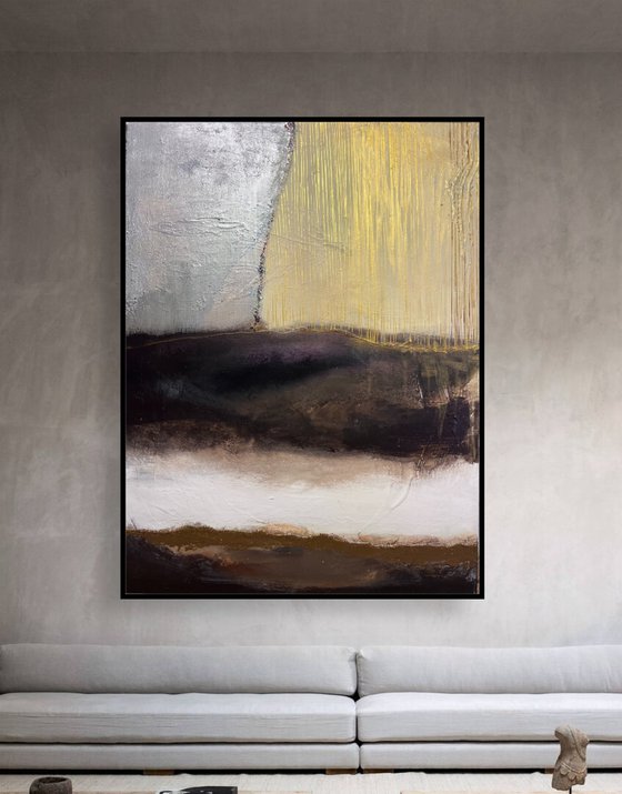 Abstract landscape painting "Distorted reality" neutral colors earth tones gold and glitter brown gold silver