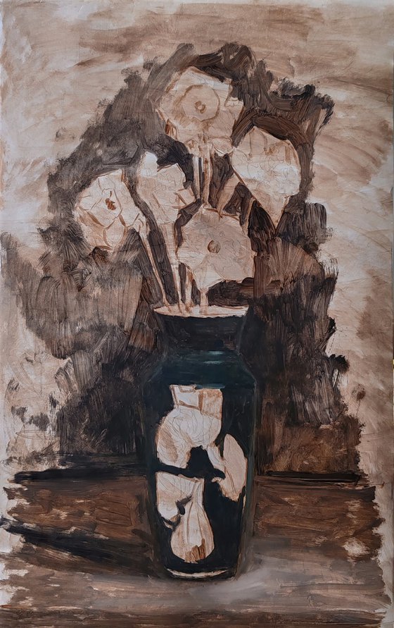 Five daffodils in a dark vase