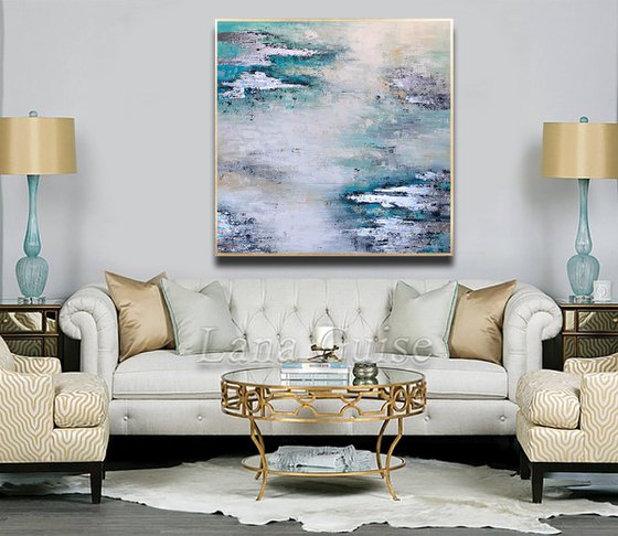 Light Of Day - Abstract White Grey Teal Silver Painting, Square Painting 32" Large Canvas, Minimalist Painting, Living Room Painting