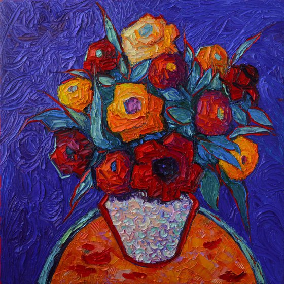 COLOURFUL ROSES ON ROYAL PURPLE - abstract floral art contemporary impressionist flowers impasto palette knife original oil painting