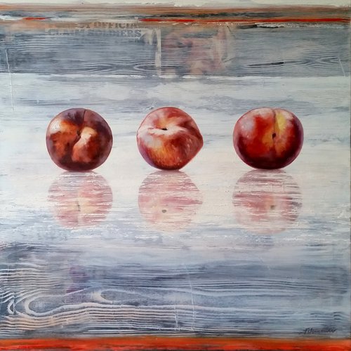 CASTING | ORIGINAL PEACH PAINTING OIL COLLAGE ON CANVAS by Uwe Fehrmann