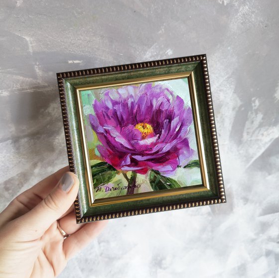 Peony original oil painting 4x4 framed, Small painting purple flowers, Unique peony wall art, Floral art Valentines day gift for wife