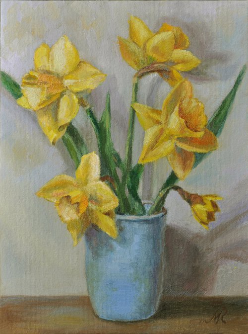 Yellow daffodils original oil painting by Marina Petukhova