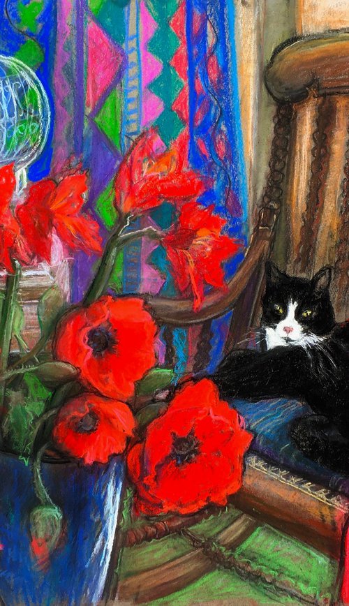 Black cat with Poppies by Patricia Clements